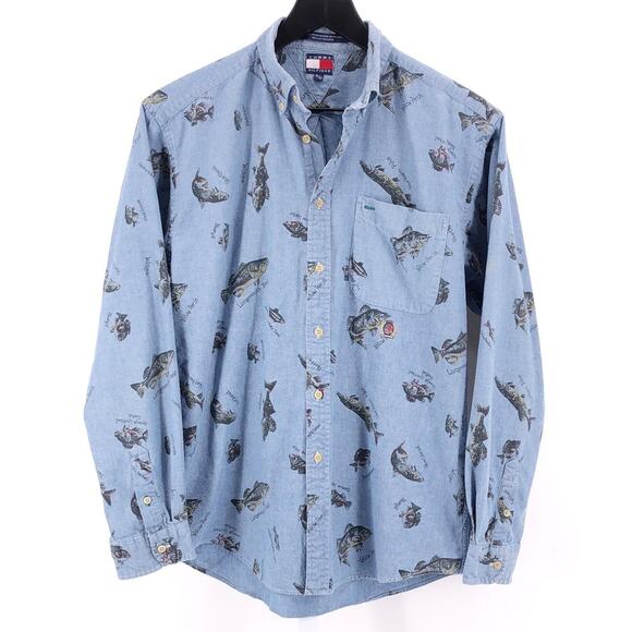 Tommy Hilfiger AOP fish print button down shirt 90s 1990s vintage - Picture 1 of 6